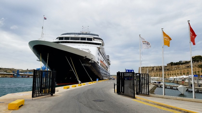 The MS Amsterdam on the dock in Valletta, Malta.
