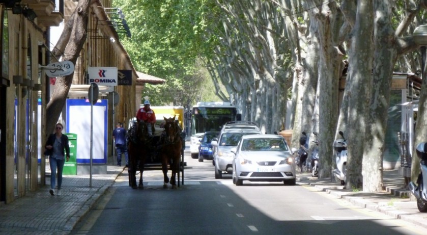 A horse &amp; carriage coming up the La Rambla.