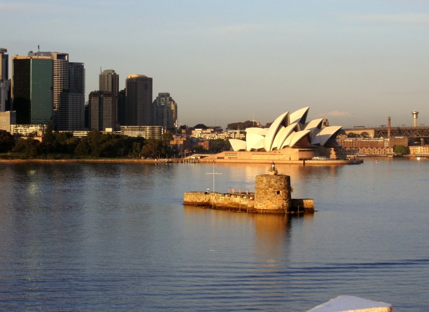 Approaching Sydney Harbor/Sydney Opera House and old Ft. Dennison.