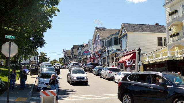 Looking up Main Street in Bar Harbor.