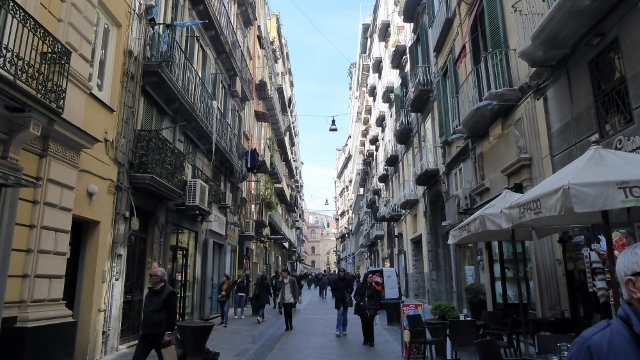 This is the pedestrian shopping street, Via Chiaia.