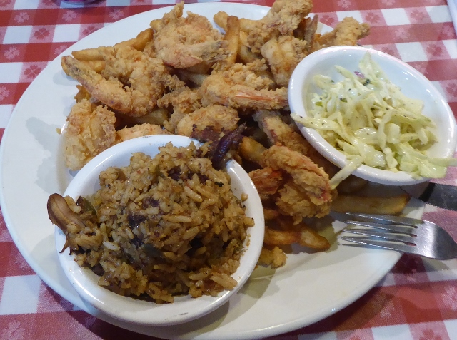 The food is pretty good also: Shrimp Platter with Mushroom rice and cole slaw.