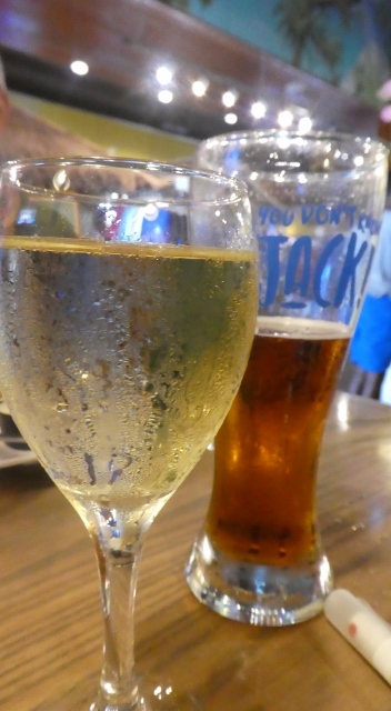 Rog ordered the "seasonal craft" ale. Sandy had the house Pinot Grigio.