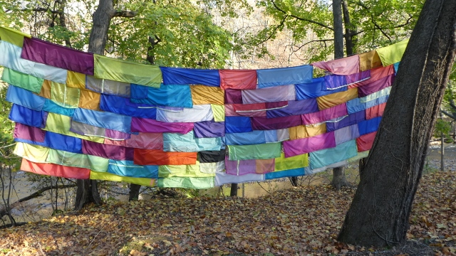 Rachel Hayes produces bright-colored textile installations.